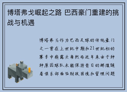 博塔弗戈崛起之路 巴西豪门重建的挑战与机遇